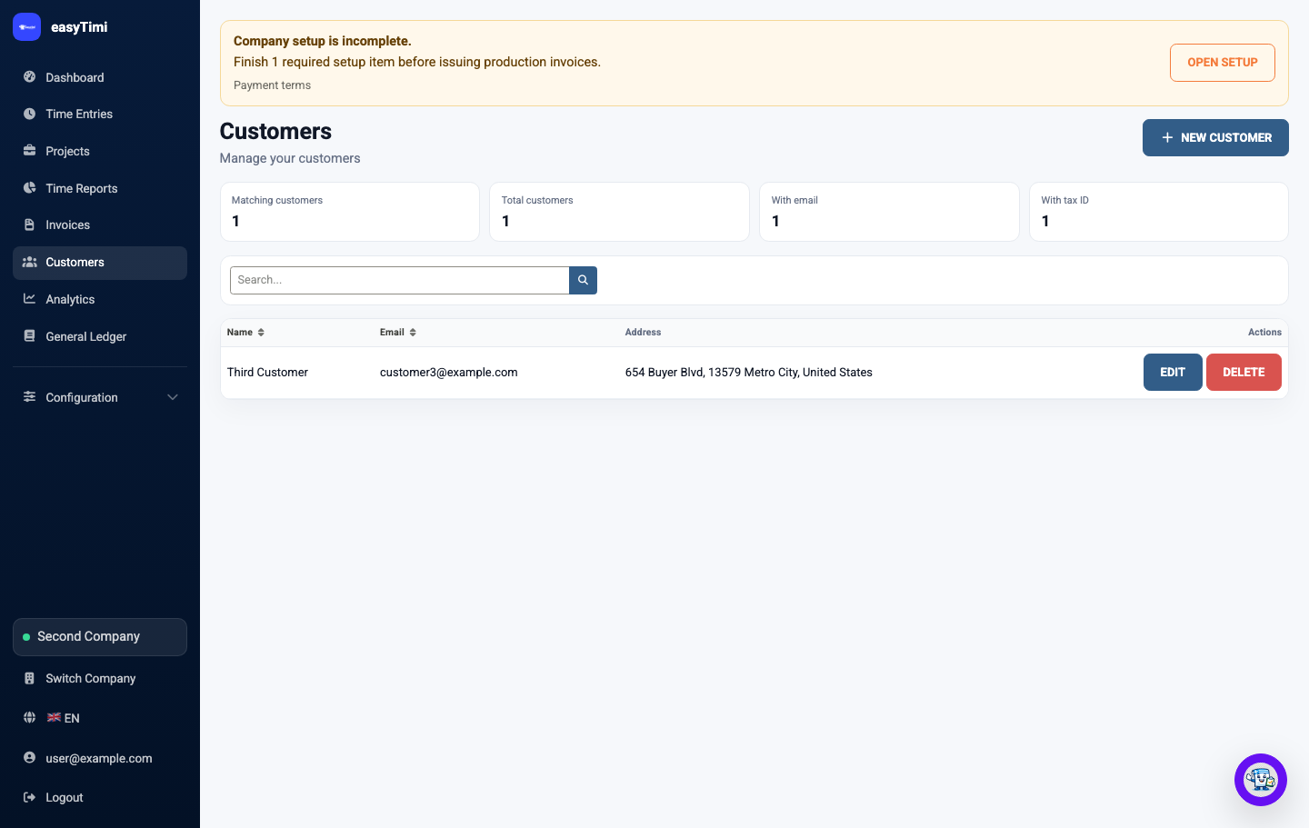 easyTimi customers screen showing customer records used for invoice and tax details
