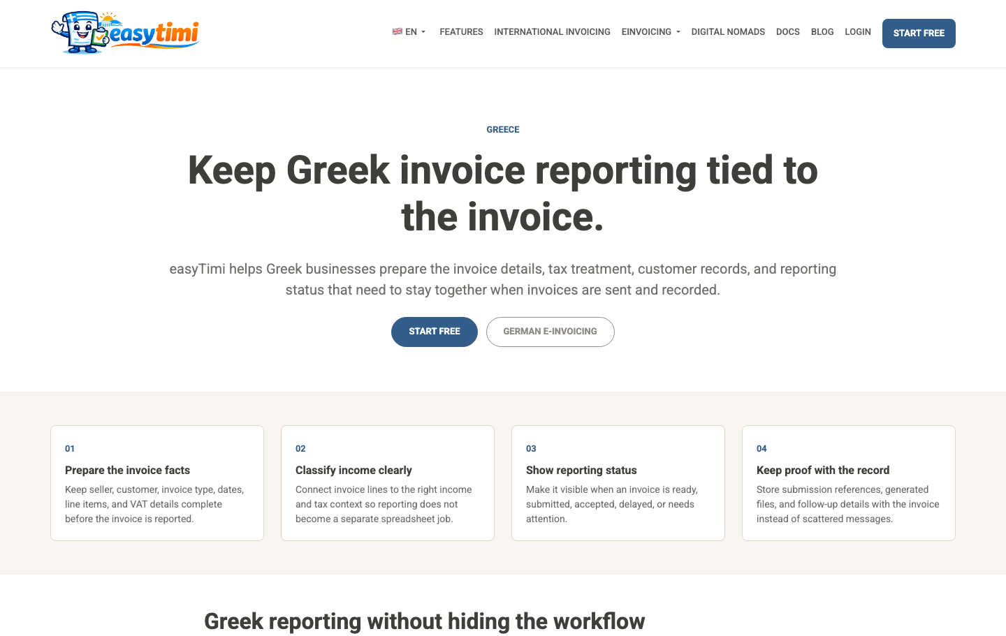 easyTimi Greek myDATA public page explaining electronic invoice reporting workflow