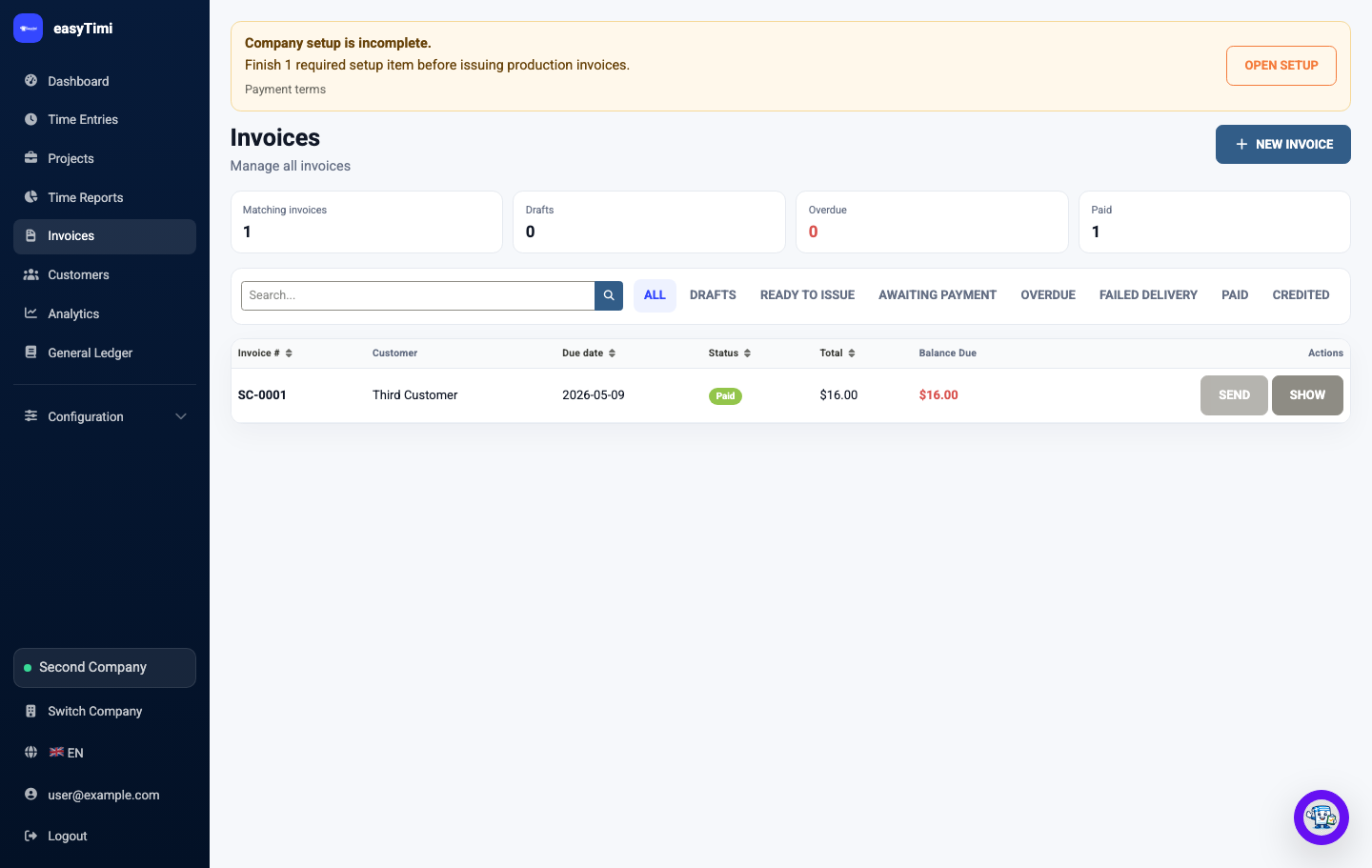 easyTimi invoices screen showing invoice records, statuses, and billing actions