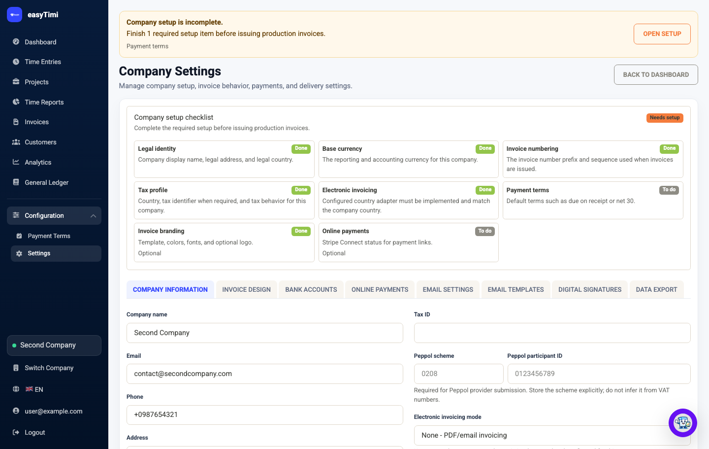 easyTimi settings screen with company, invoice, payment, and email configuration tabs